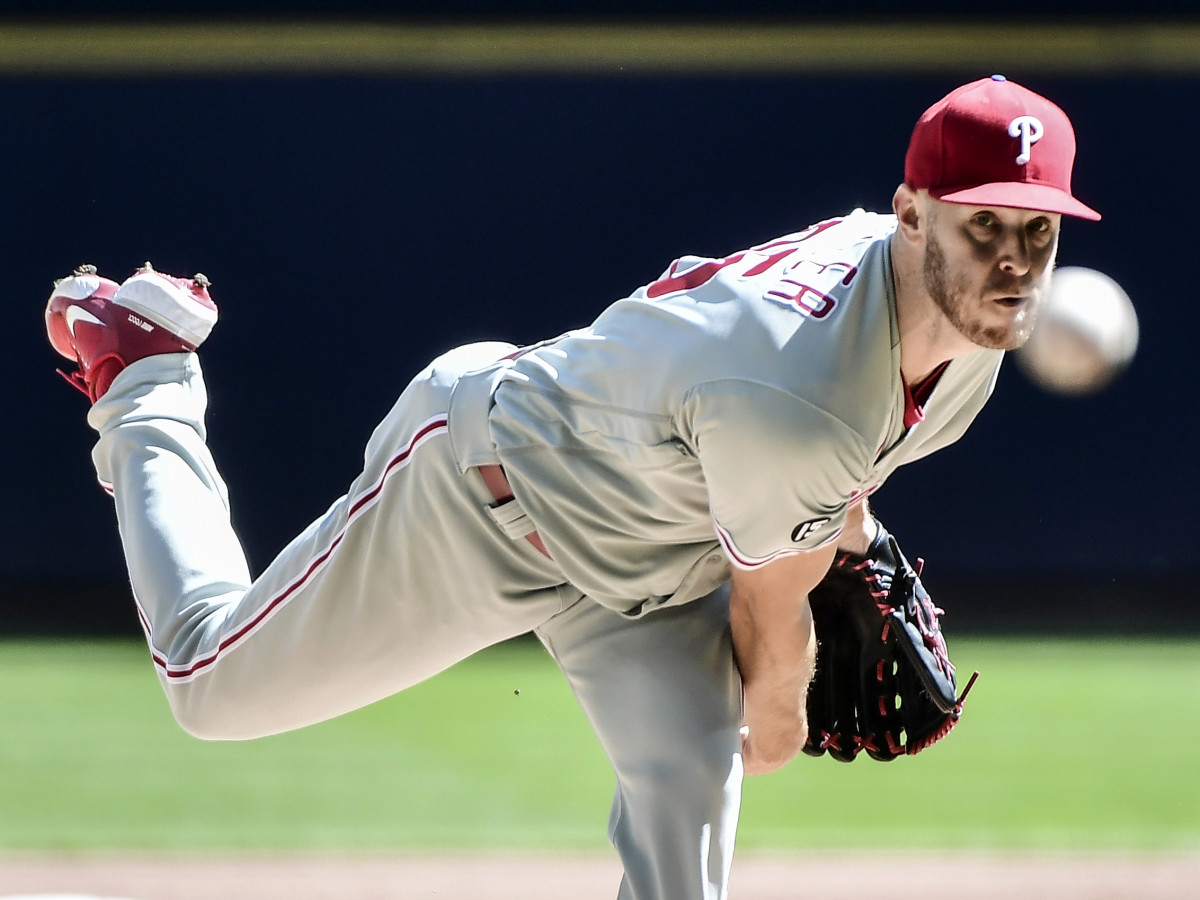 Sep 6, 2021; Milwaukee, Wisconsin, USA; Philadelphia Phillies pitcher Zack Wheeler (45) throws a pitch in the first inning against the Milwaukee Brewers at American Family Field.